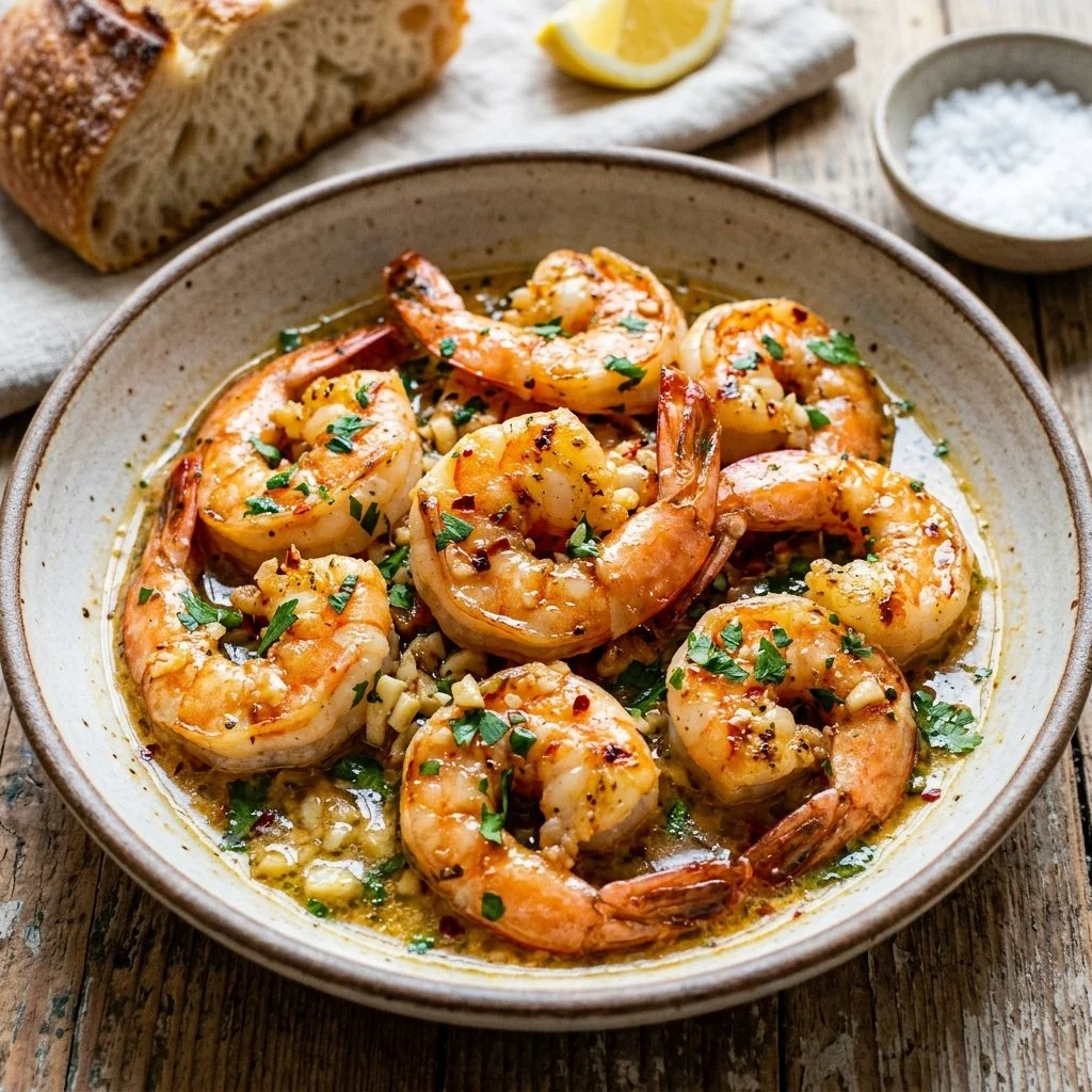 Delicious Garlic Butter Shrimp served with fresh herbs and lemon slices