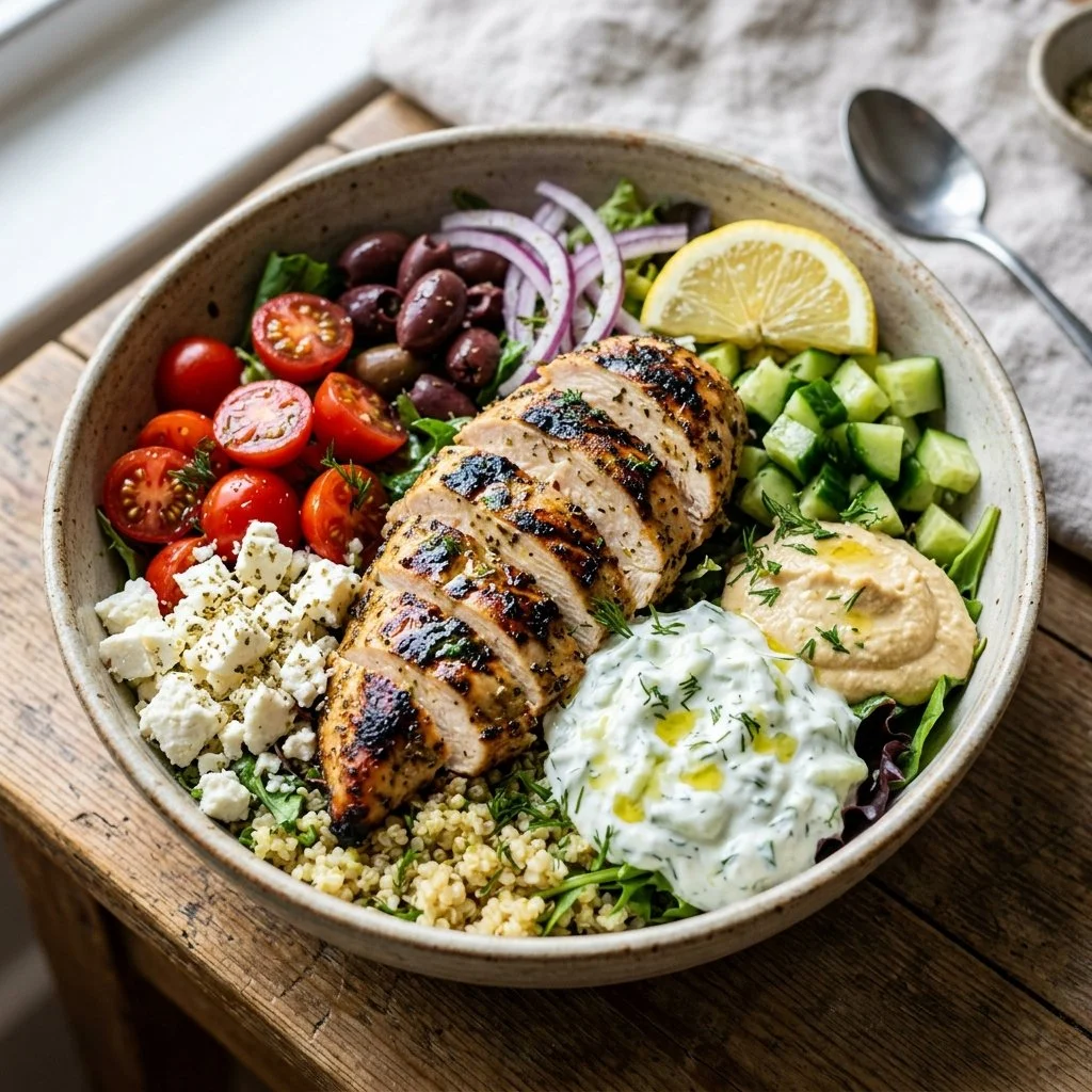 A colorful bowl of Greek Chicken with vegetables and tzatziki sauce