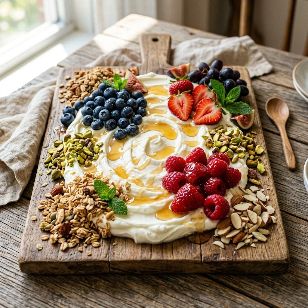 Assorted Greek yogurt board with fruits, nuts, and honey for a healthy snack.