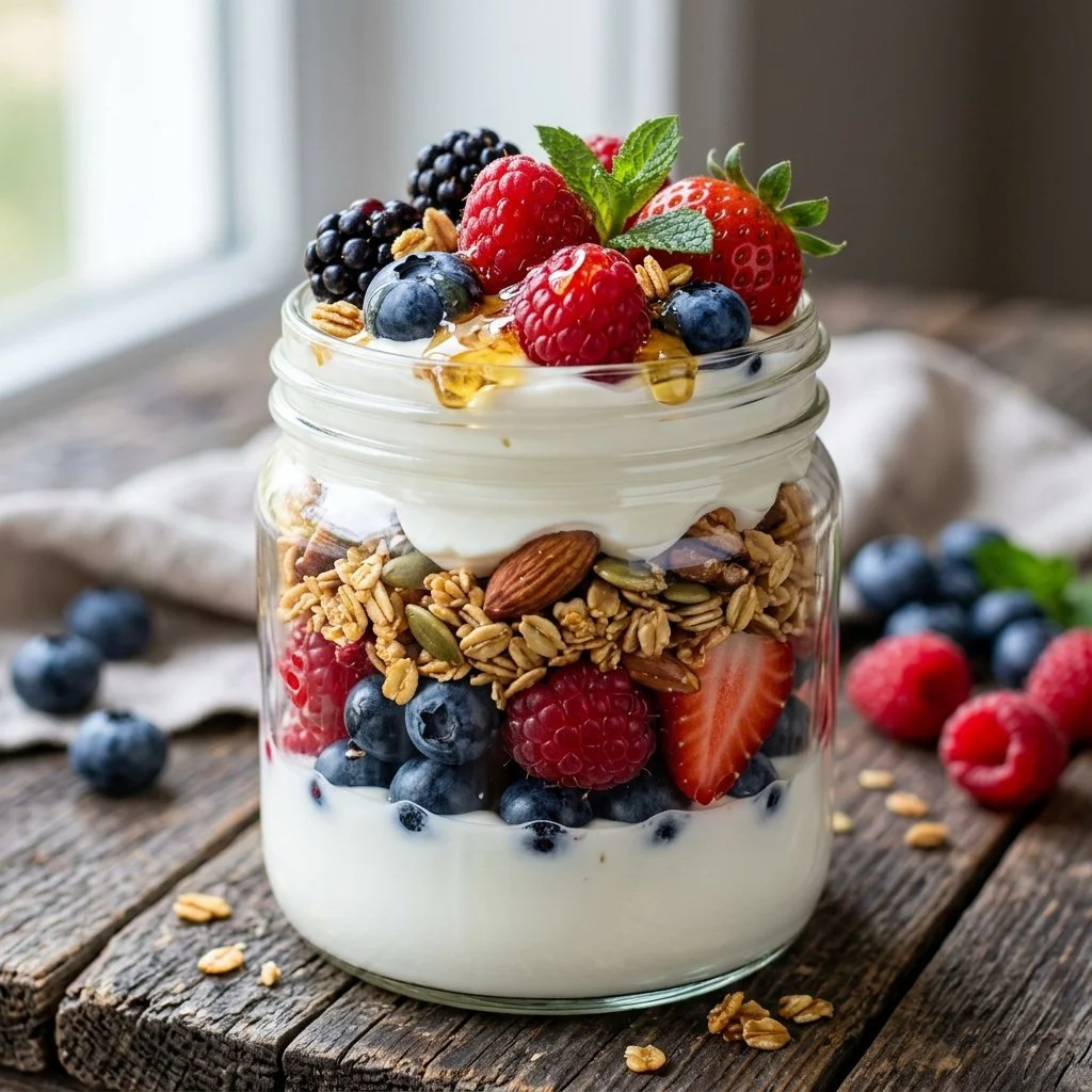 A Greek Yogurt Parfait layered with fruits and granola in a clear glass bowl