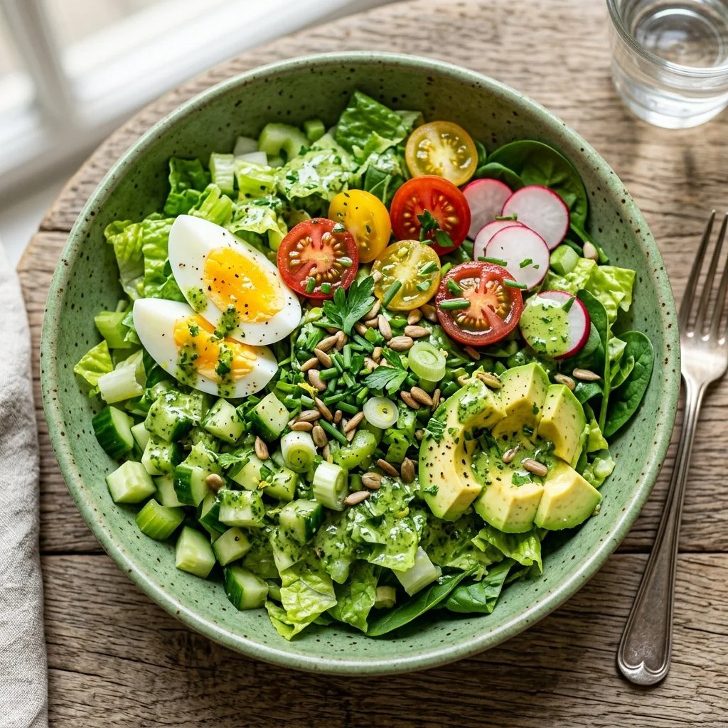 Delicious Green Goddess Salad with greens, herbs, and creamy dressing