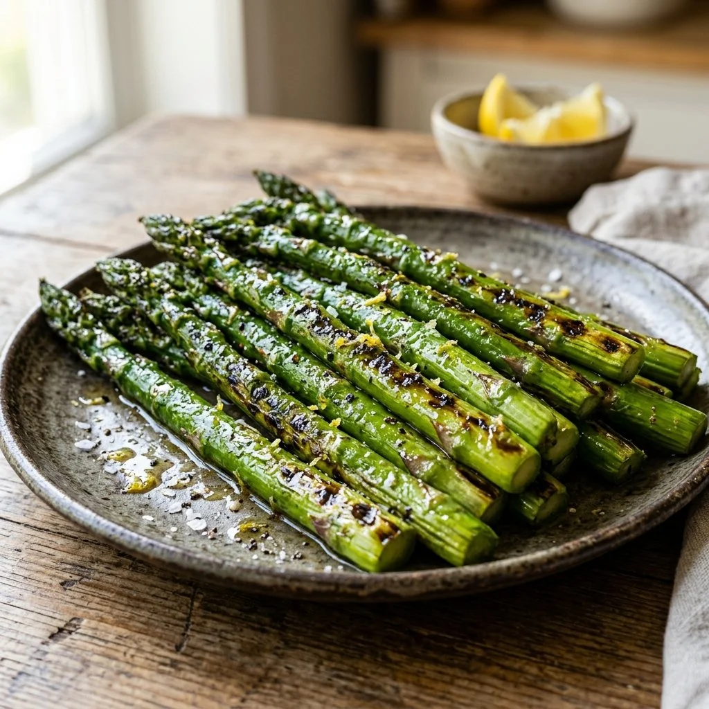 Delicious grilled asparagus served on a plate, garnished with herbs.