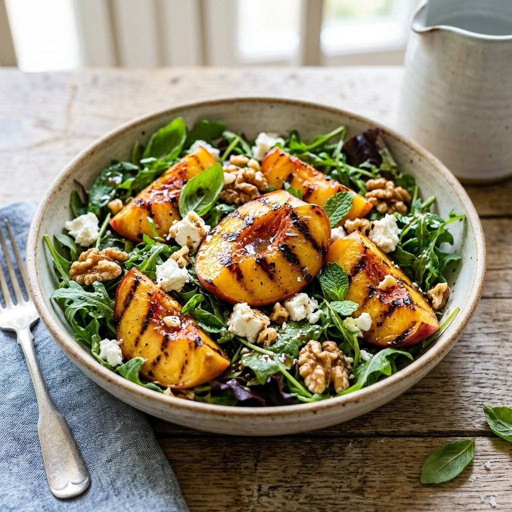 Delicious grilled peach salad with fresh greens and toppings.