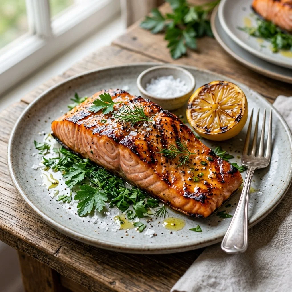 A beautifully grilled salmon fillet garnished with herbs and lemon.