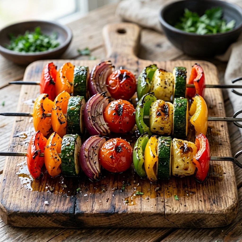 Colorful grilled vegetable kabobs on a skewer ready for a summer BBQ