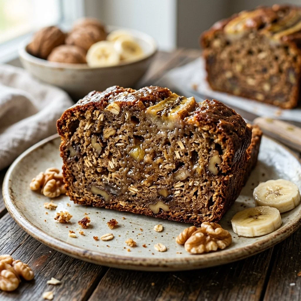 Loaf of healthy banana bread with slices on a wooden cutting board.