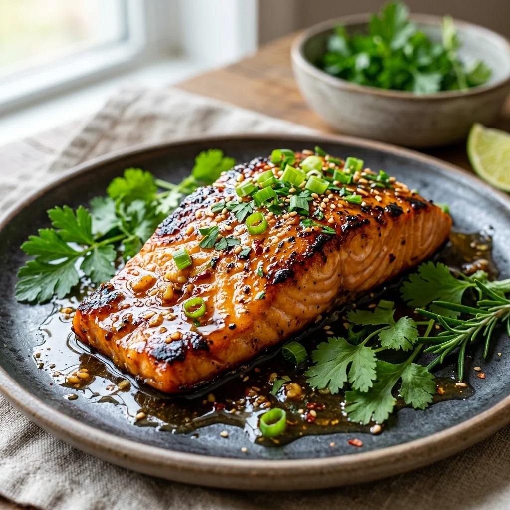 Honey Garlic Salmon fillet garnished with herbs on a white plate
