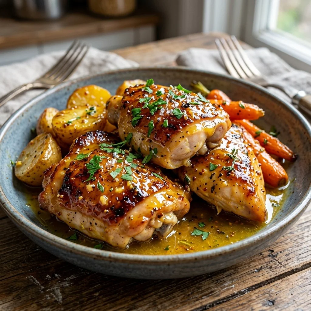 Plate of Honey Mustard Chicken garnished with herbs and served with vegetables