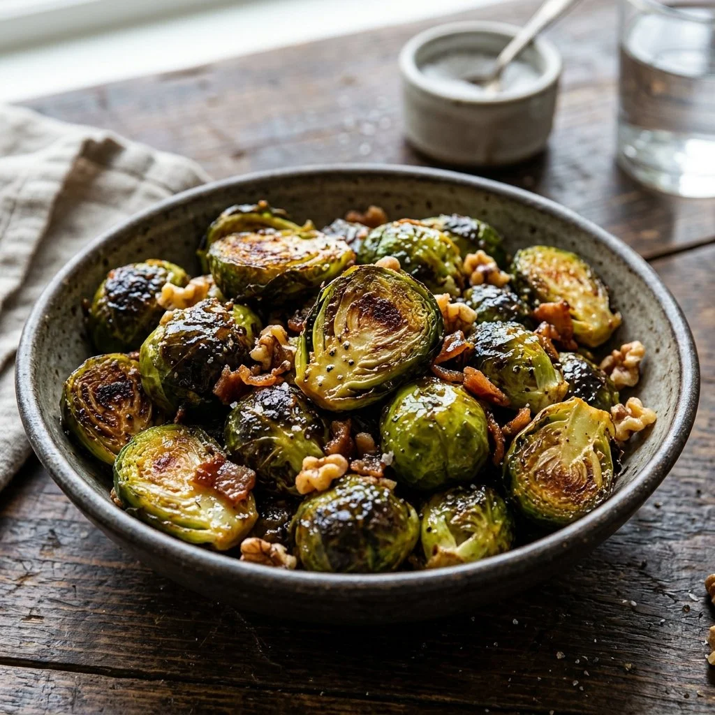 Honey roasted Brussels sprouts on a white plate