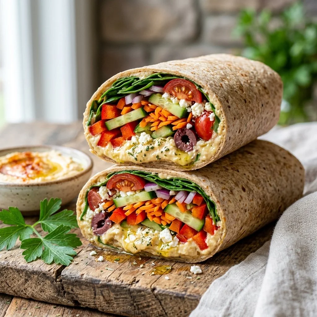 Hummus veggie wrap with fresh vegetables and spices
