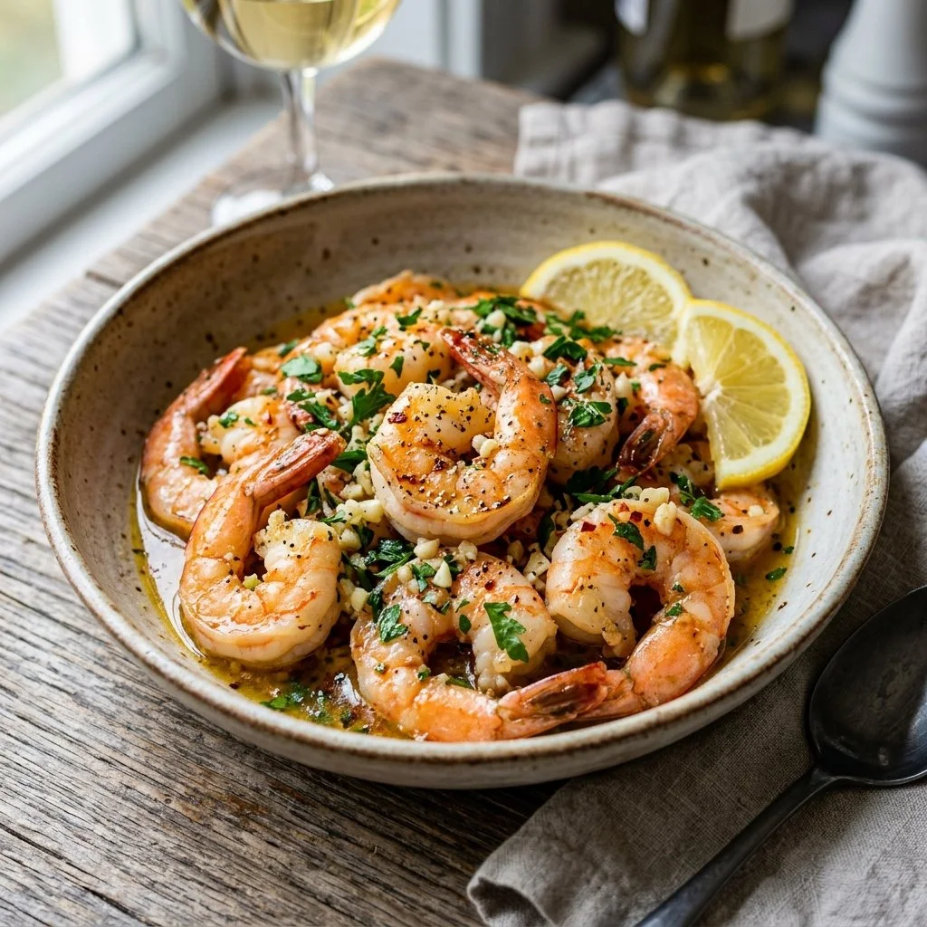 Delicious Lemon Garlic Shrimp cooked with herbs and spices on a plate.