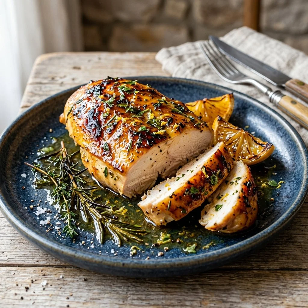 Juicy Lemon Herb Chicken garnished with fresh herbs and lemon slices.