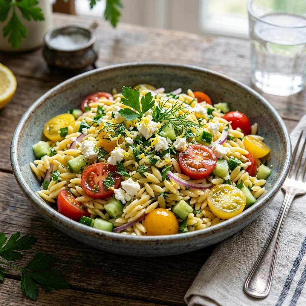 Bright and fresh Lemon Orzo Salad with herbs and vegetables