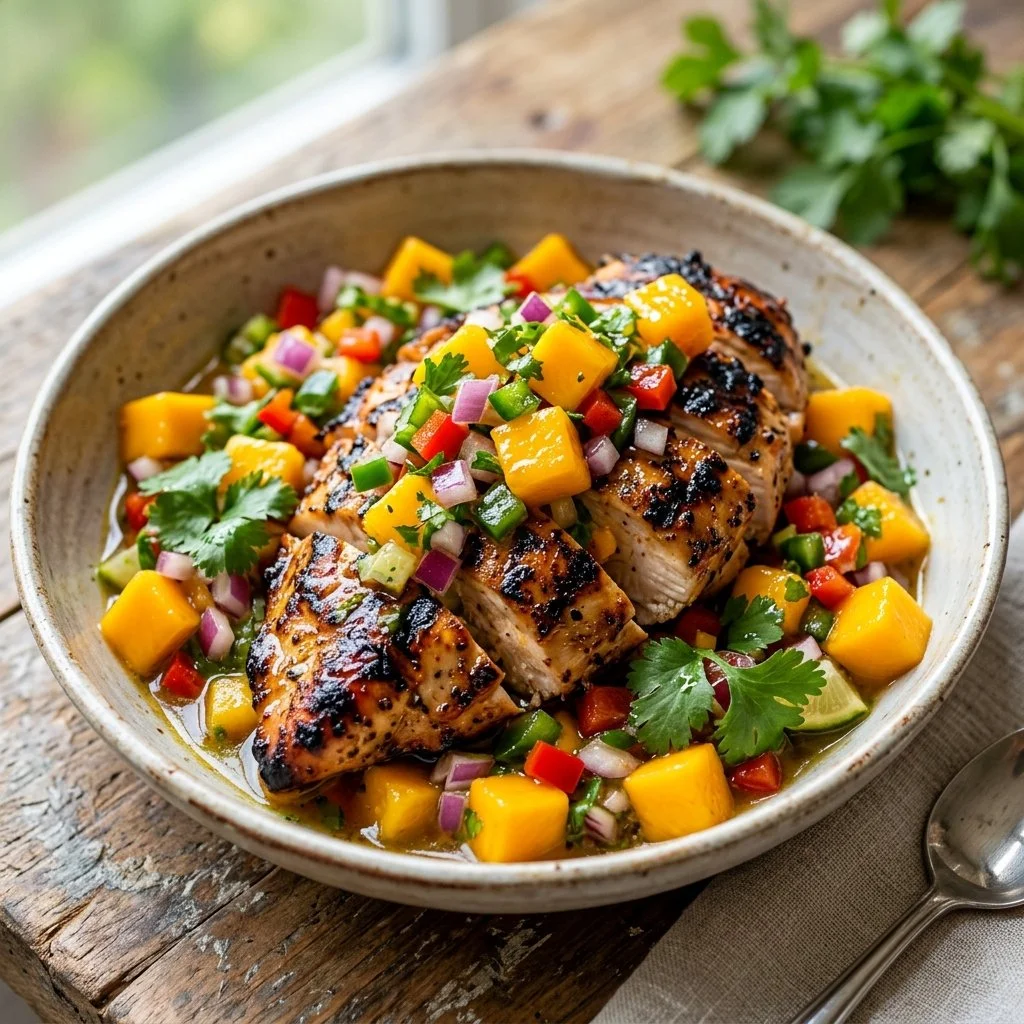 Plate of delicious Mango Salsa Chicken garnished with fresh herbs