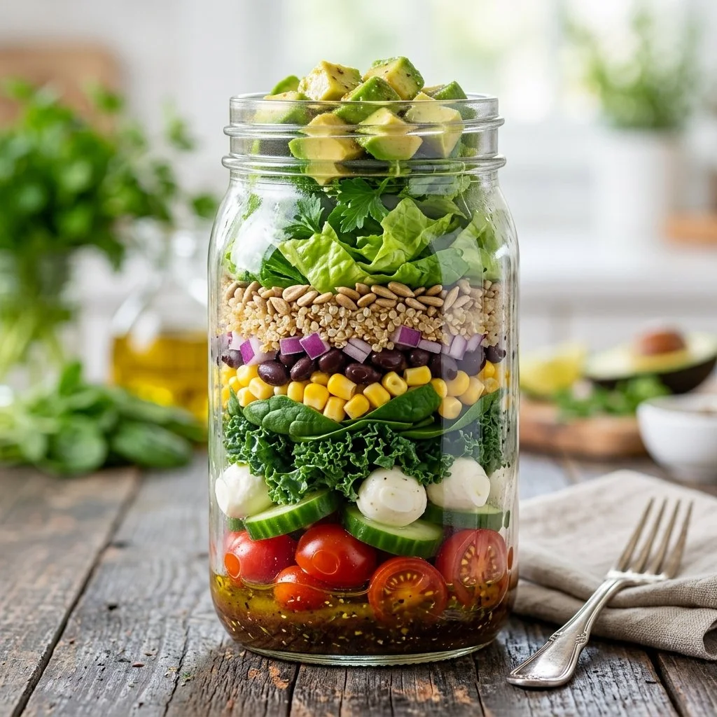 Colorful Mason Jar Salad with fresh vegetables and dressing layered for meal prep