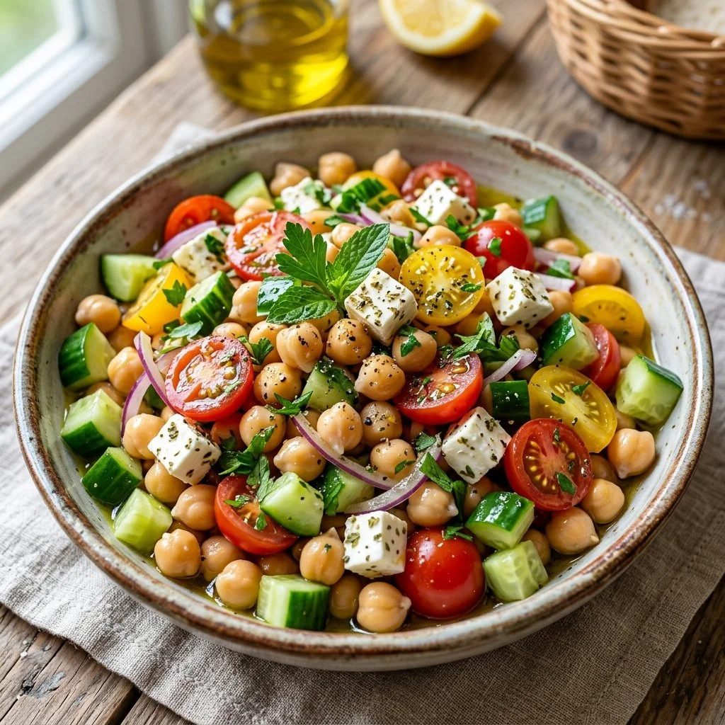 Mediterranean Chickpea Salad with fresh vegetables and herbs