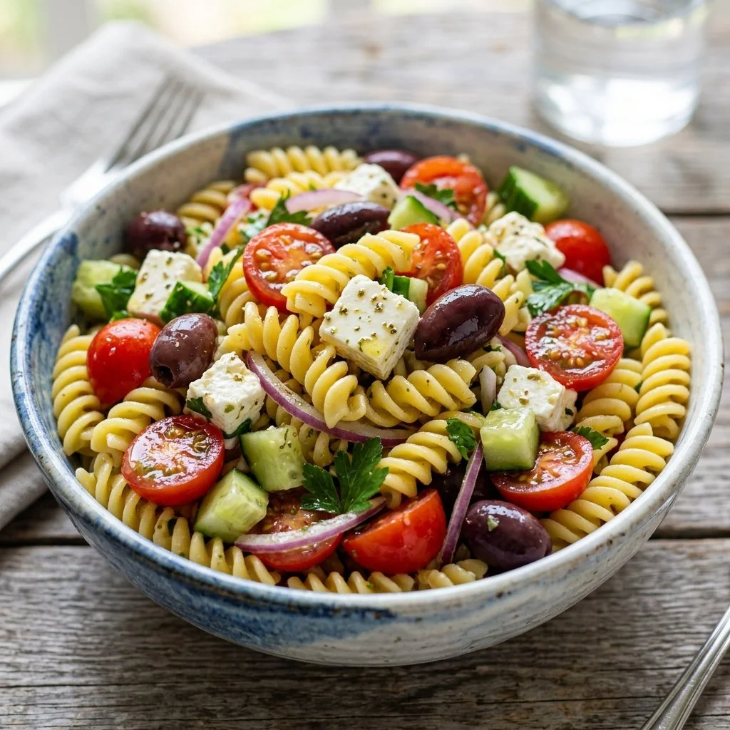 Colorful Mediterranean Pasta Salad with fresh veggies and herbs