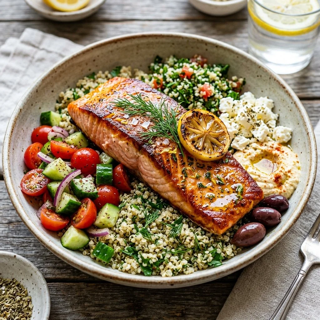 Mediterranean salmon bowl with fresh vegetables and spices
