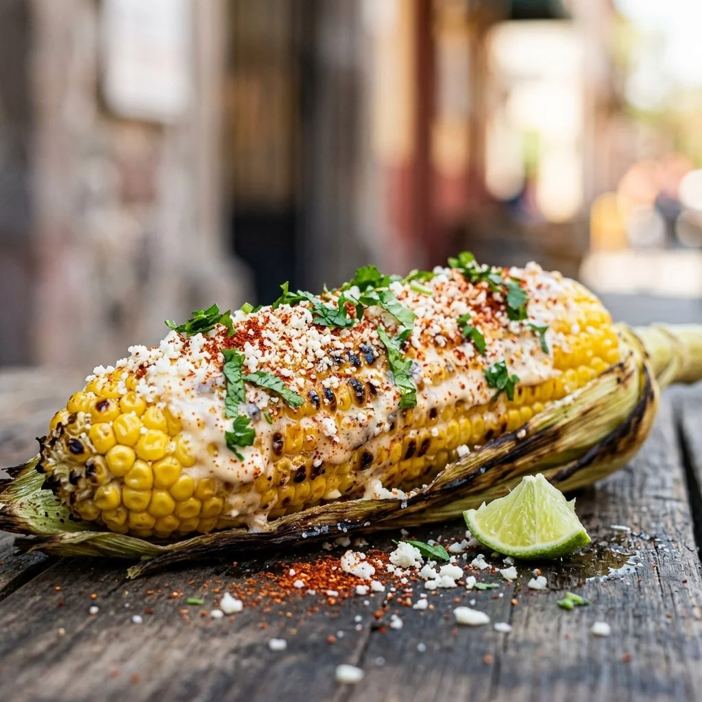 A serving of Mexican street corn topped with cheese and chili powder.