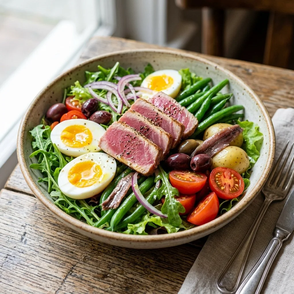 Colorful Nicoise Salad with tuna, olives, and fresh veggies on a plate.