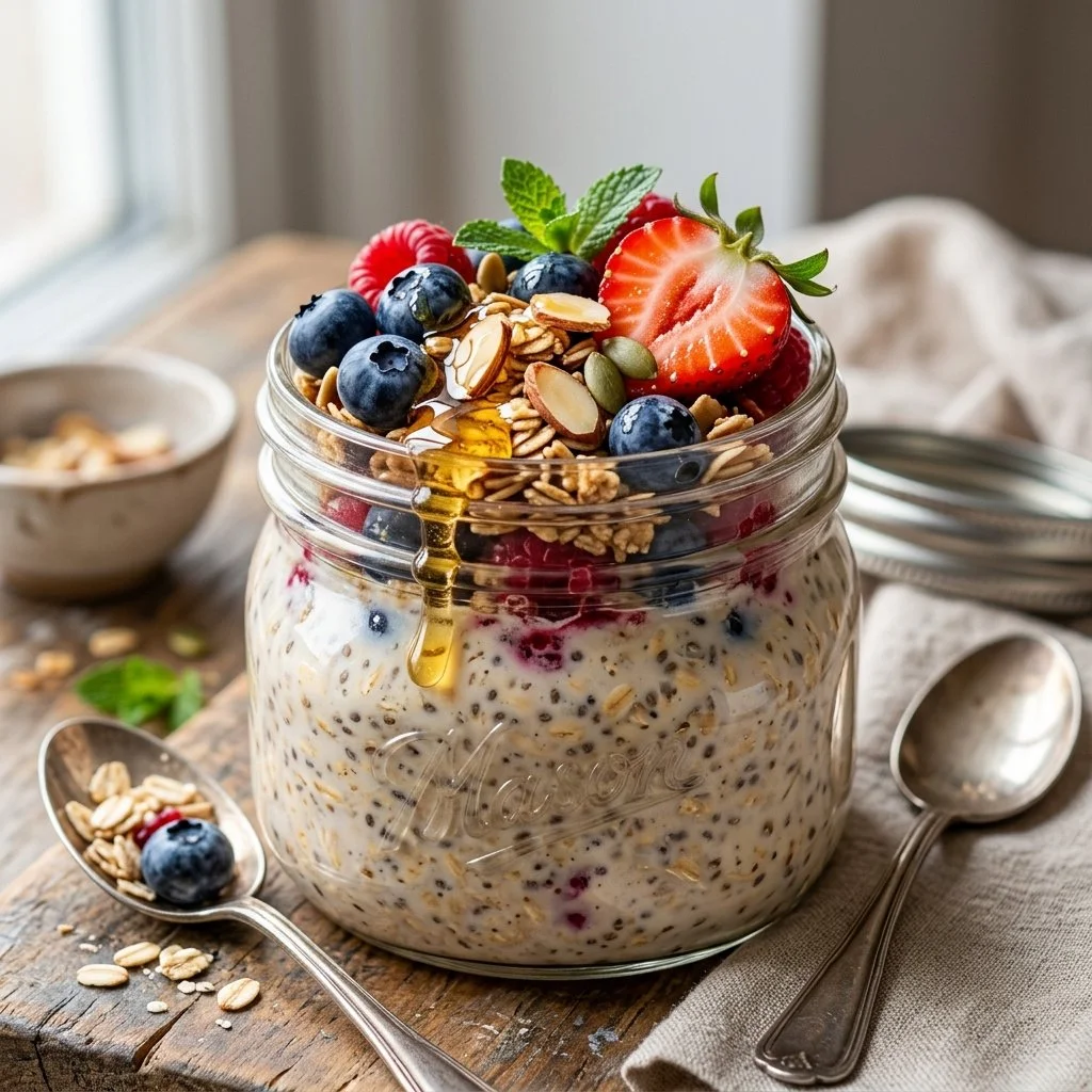 Bowl of delicious overnight oats topped with fresh fruits and nuts