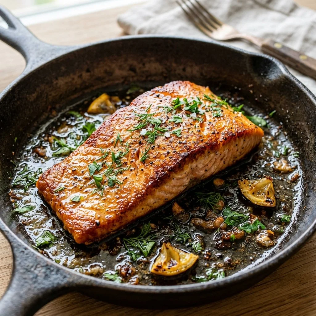A beautifully pan seared salmon fillet served on a plate with garnishes.