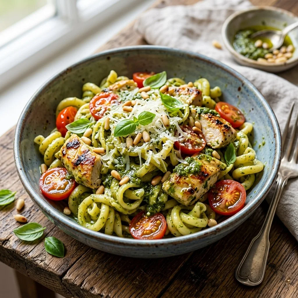 Delicious Pesto Chicken Pasta dish with vibrant basil pesto sauce and chicken.