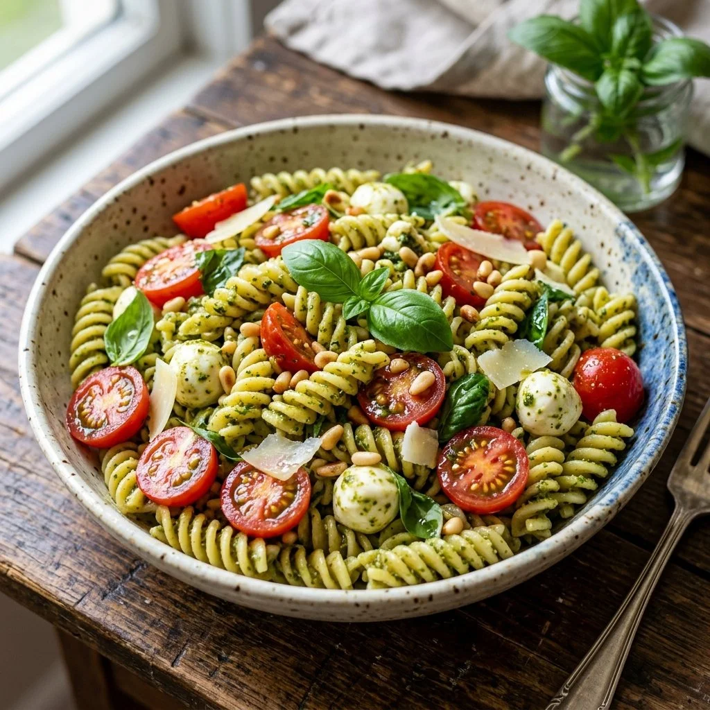 Colorful pesto pasta salad with fresh vegetables and basil dressing