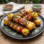 Pineapple chicken skewers grilled to perfection with colorful vegetables.