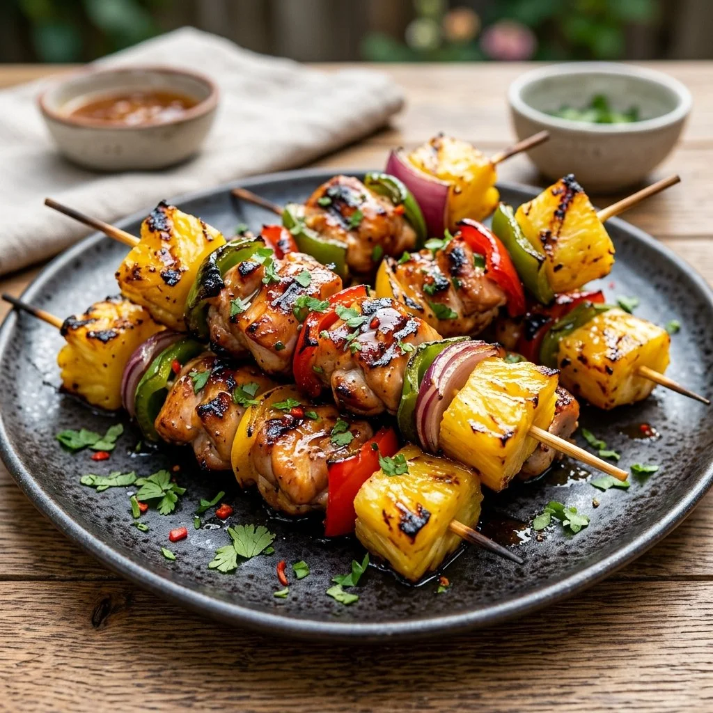 Pineapple chicken skewers grilled to perfection with colorful vegetables.