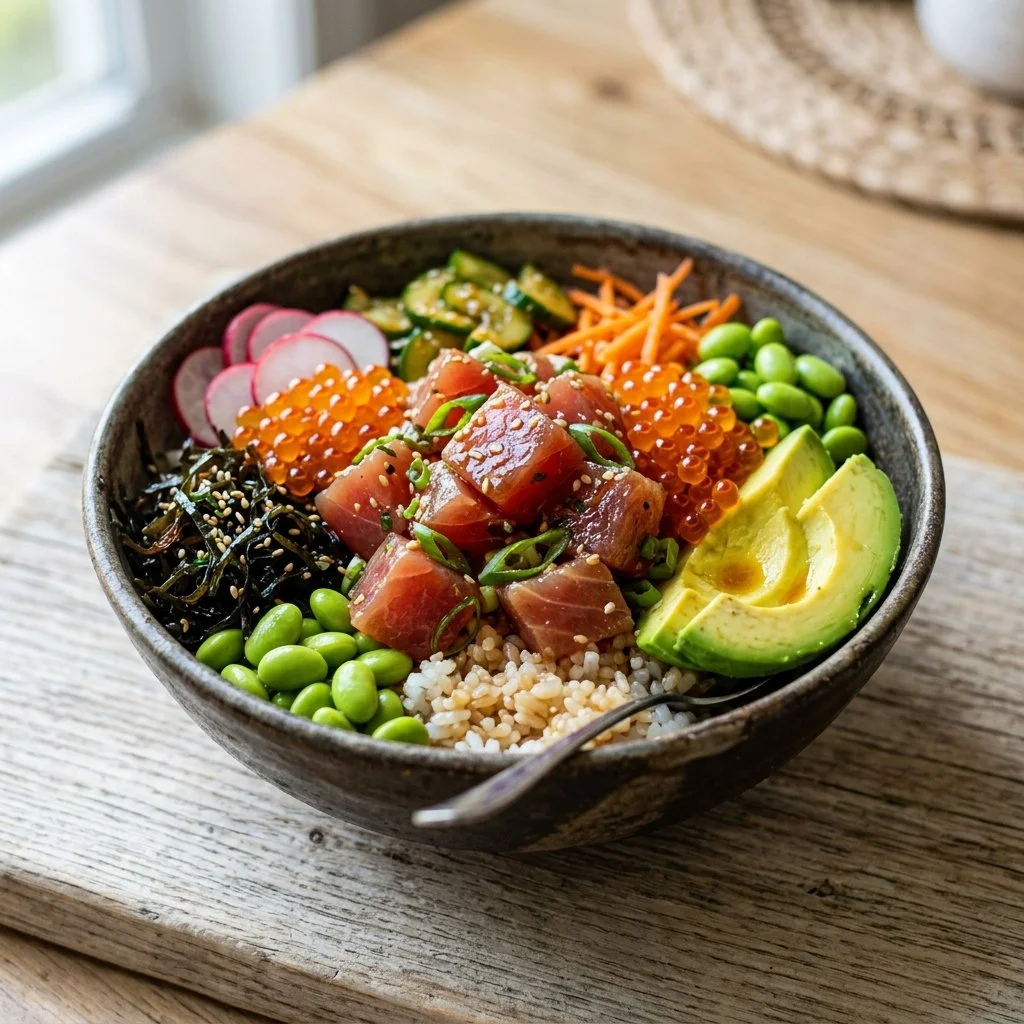 Fresh and colorful poke bowl with seafood and vegetables