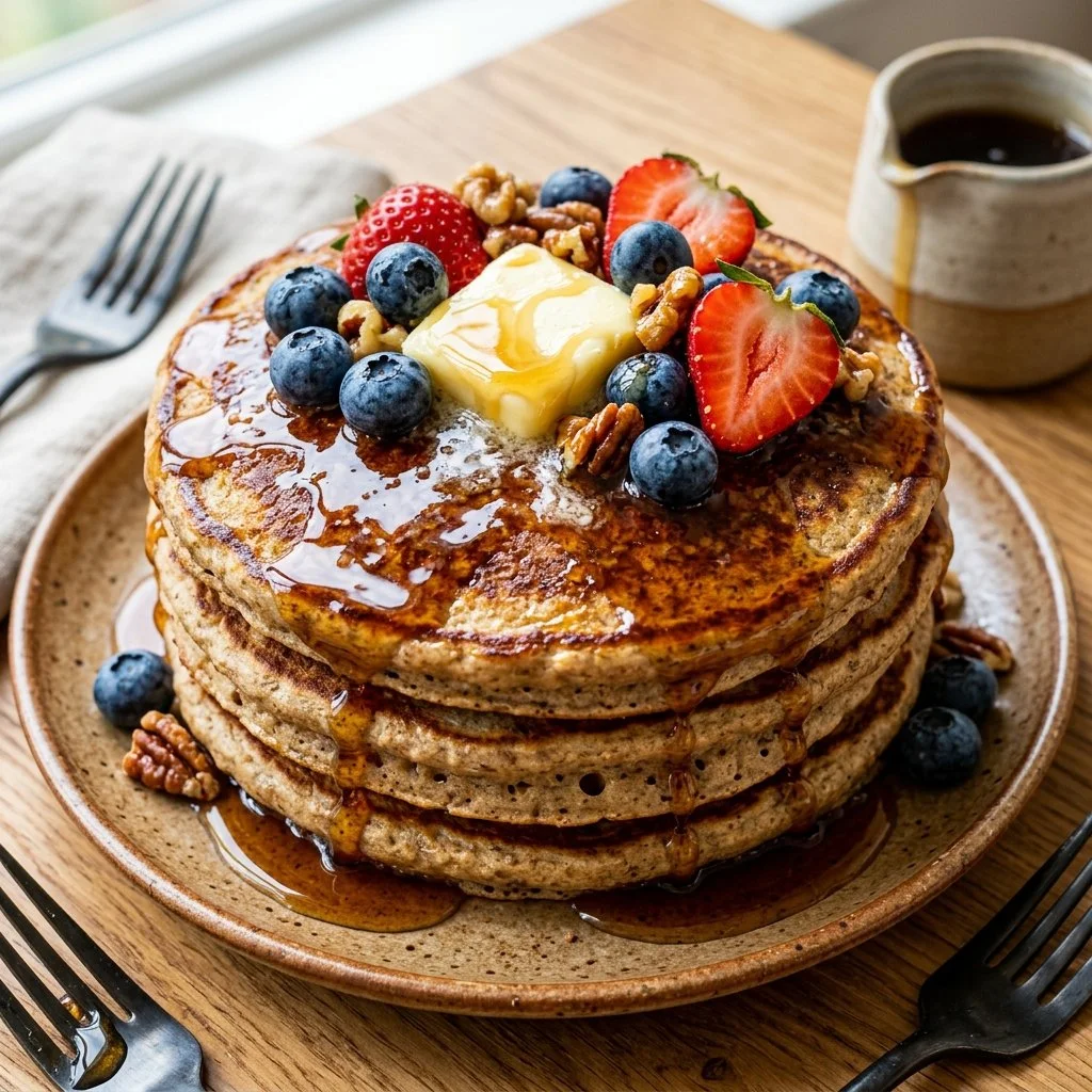 Fluffy protein pancakes topped with fresh fruits and syrup