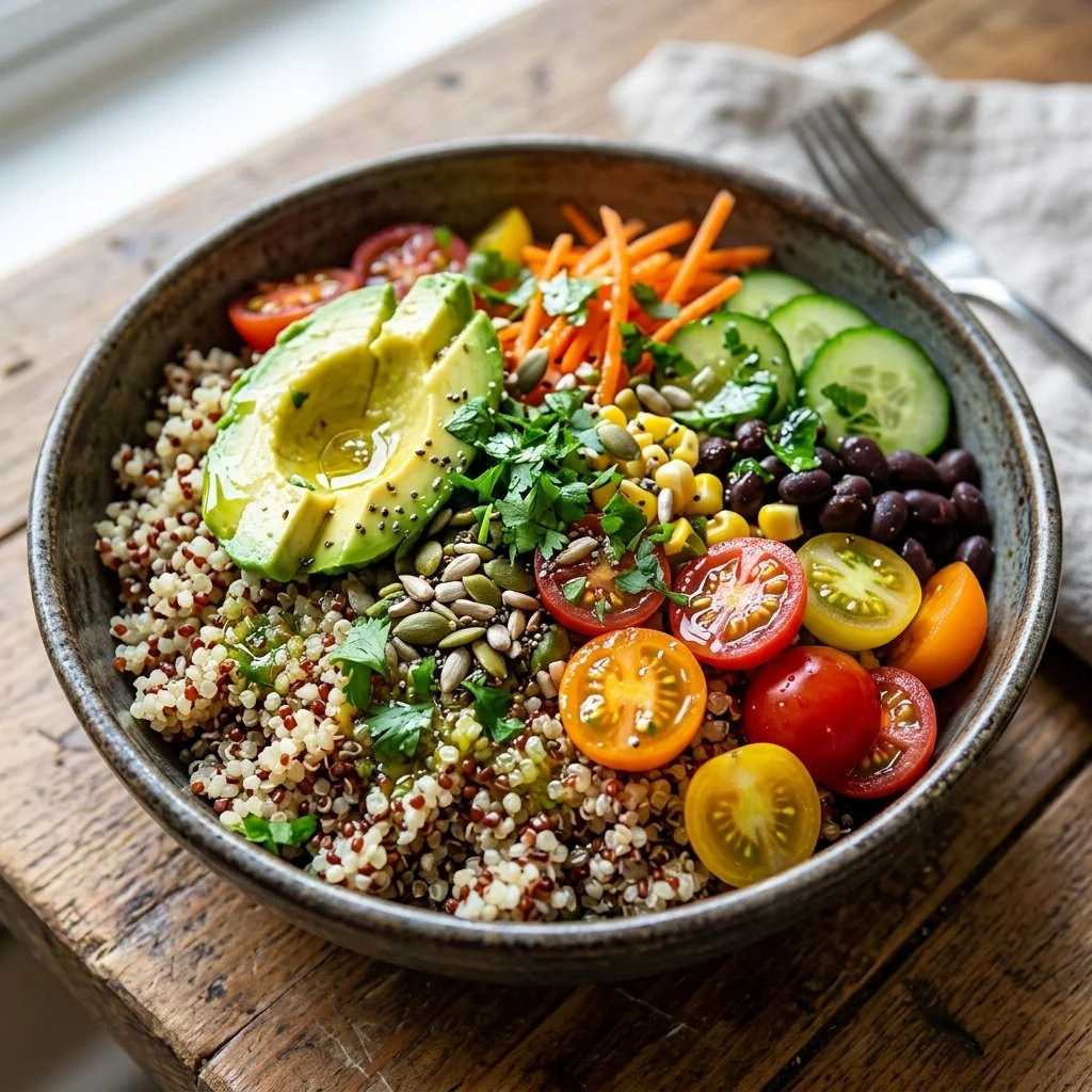 Colorful quinoa power bowl with fresh vegetables and toppings