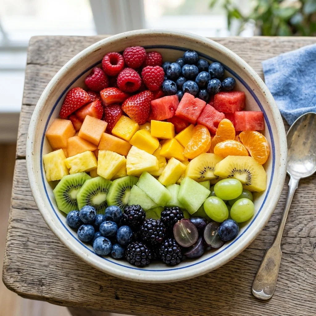 A vibrant Rainbow Fruit Salad featuring a mix of colorful fresh fruits.