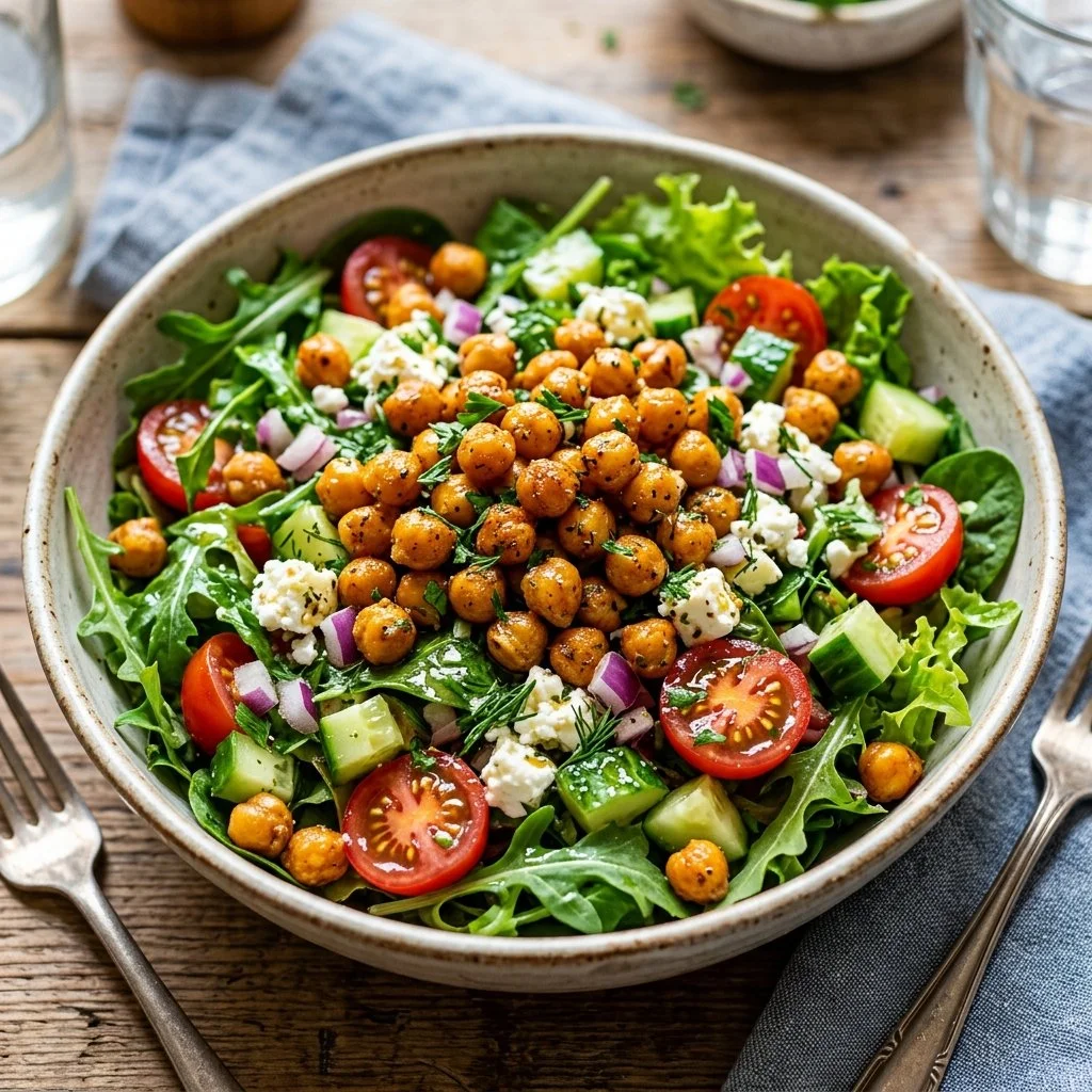 Fresh Roasted Chickpea Salad with colorful vegetables and dressing.