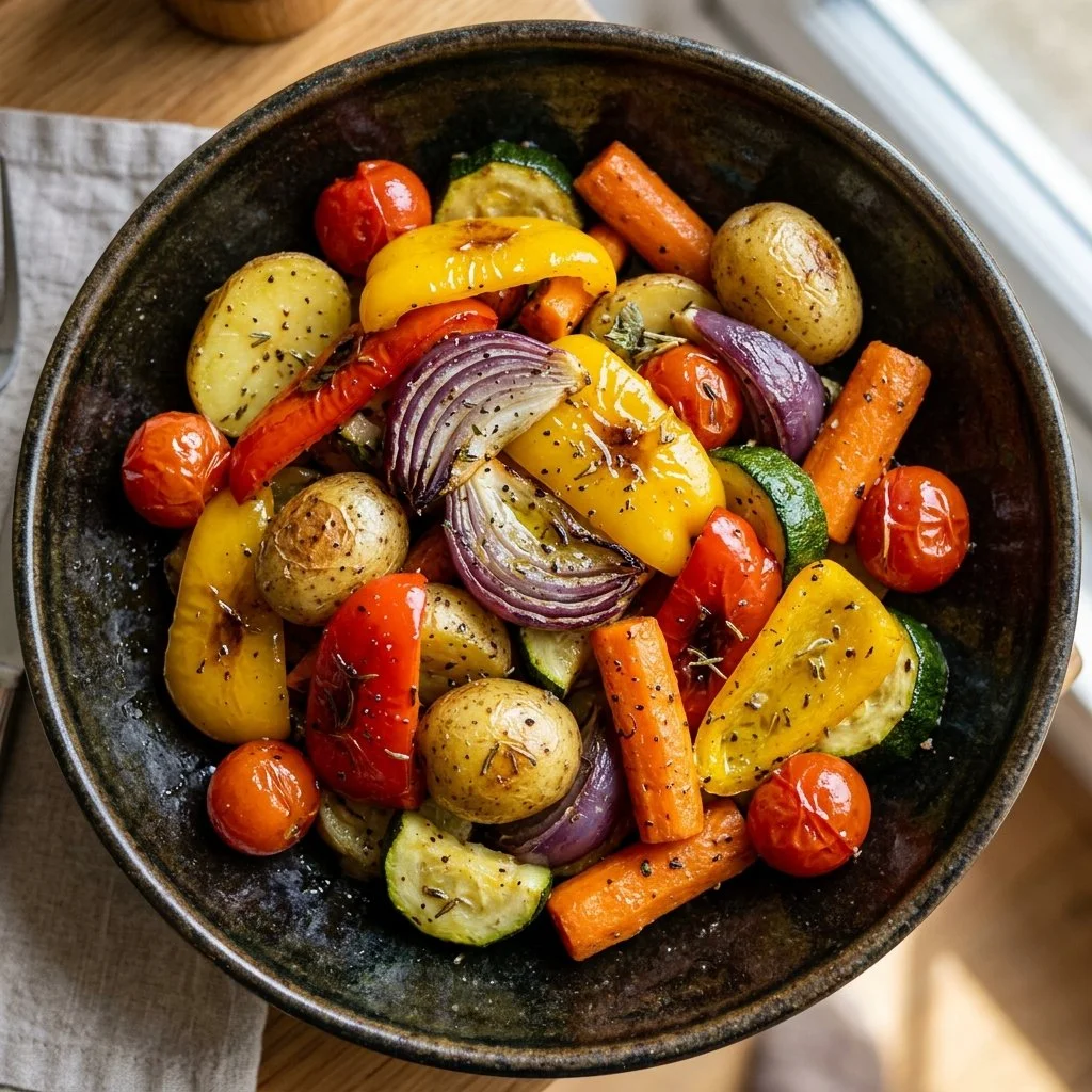 Colorful medley of roasted vegetables on a plate, showcasing vibrant flavors.