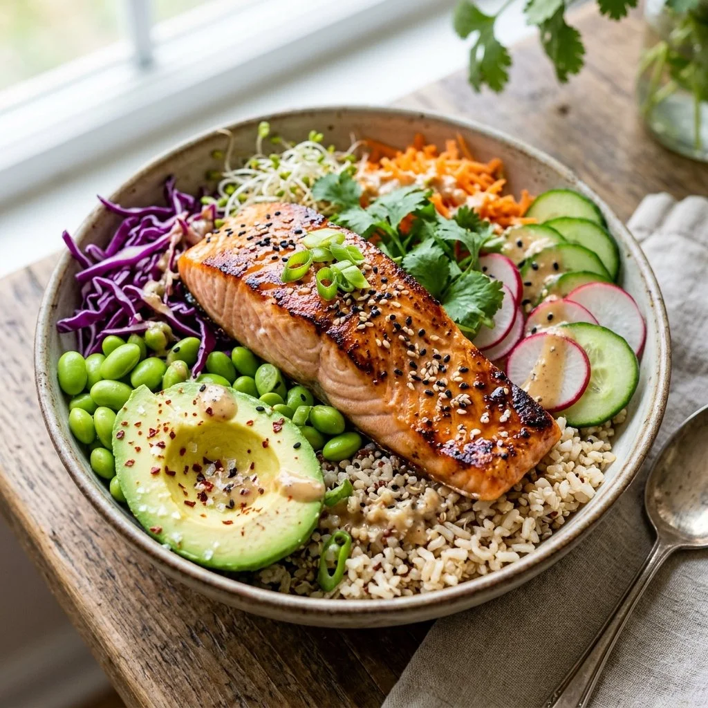 Delicious Salmon Buddha Bowl with fresh vegetables and grains