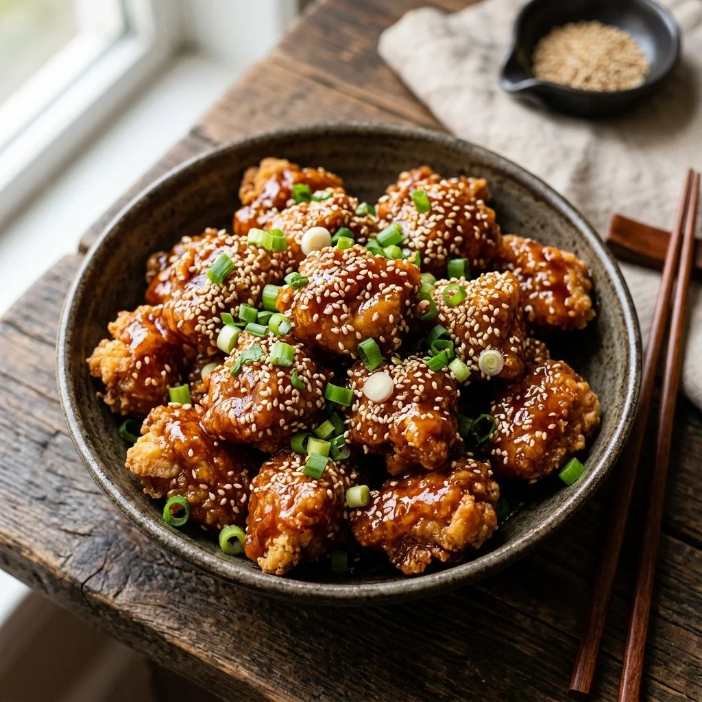 Plate of homemade Sesame Chicken garnished with sesame seeds and green onions