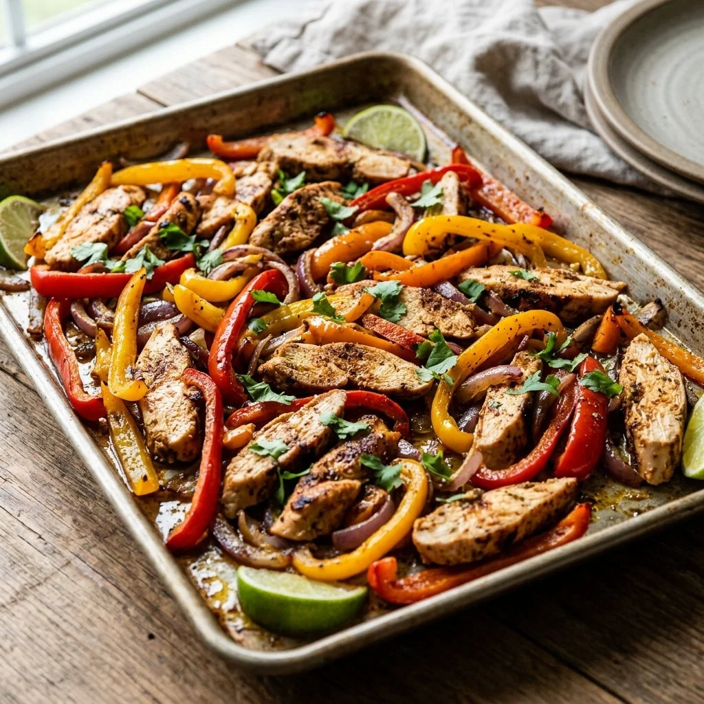 Delicious sheet pan fajitas with colorful peppers and onions on a baking tray