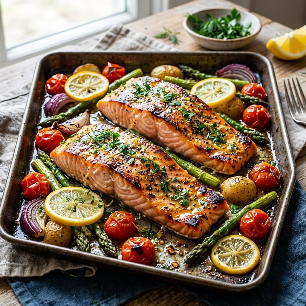 Baked sheet pan salmon with vegetables on a serving platter
