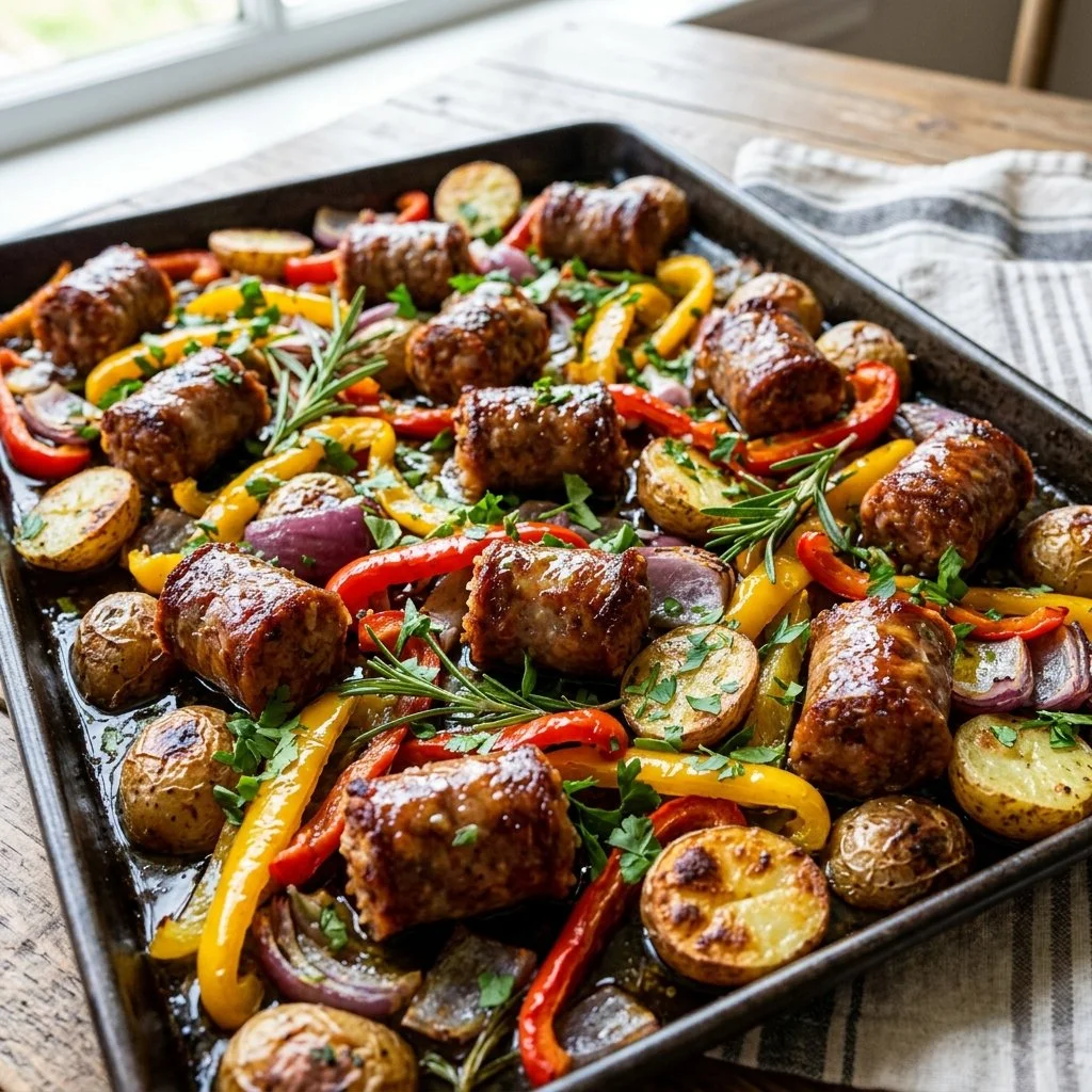 Sheet pan sausage with colorful vegetables ready to serve