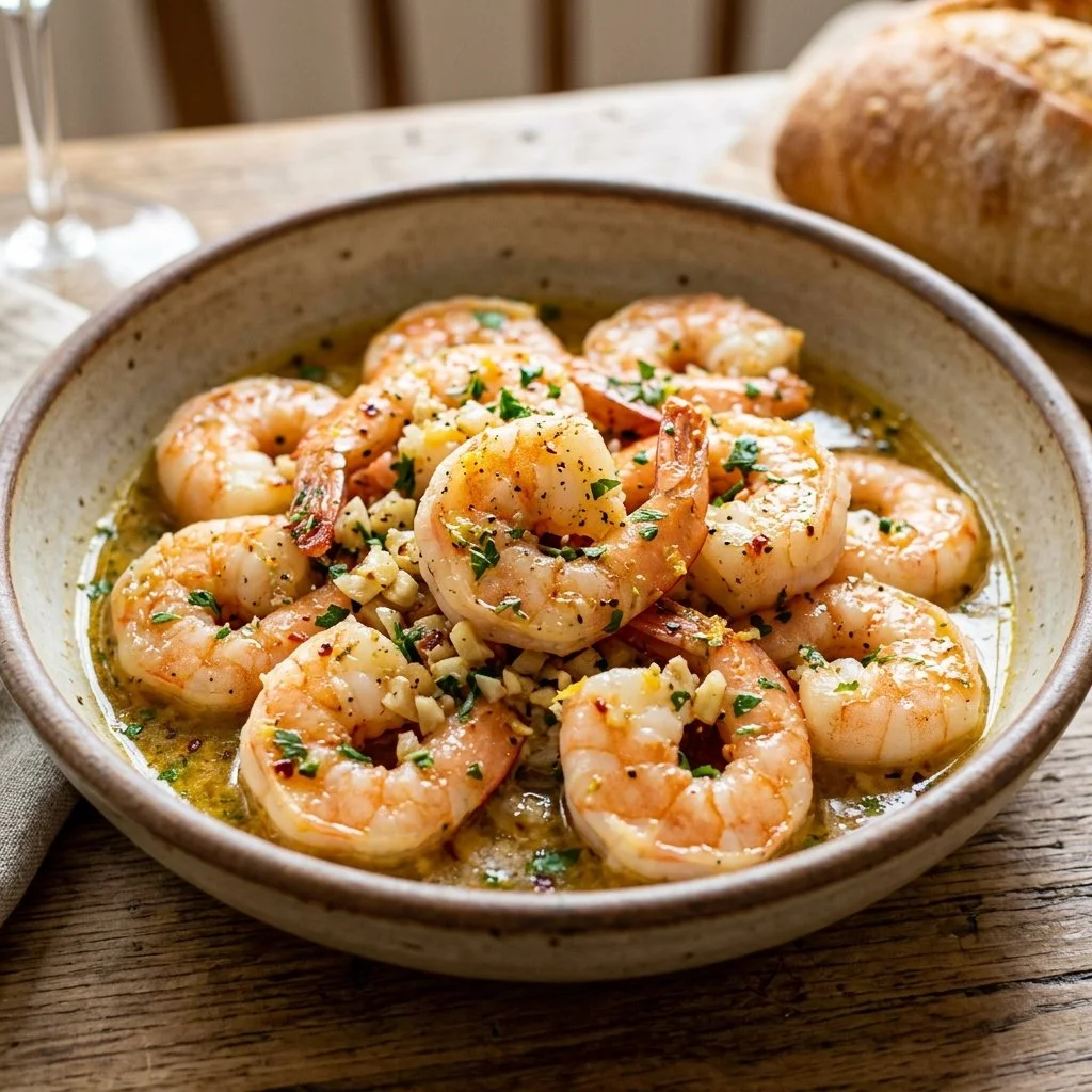 Delicious shrimp scampi served with garlic butter and pasta