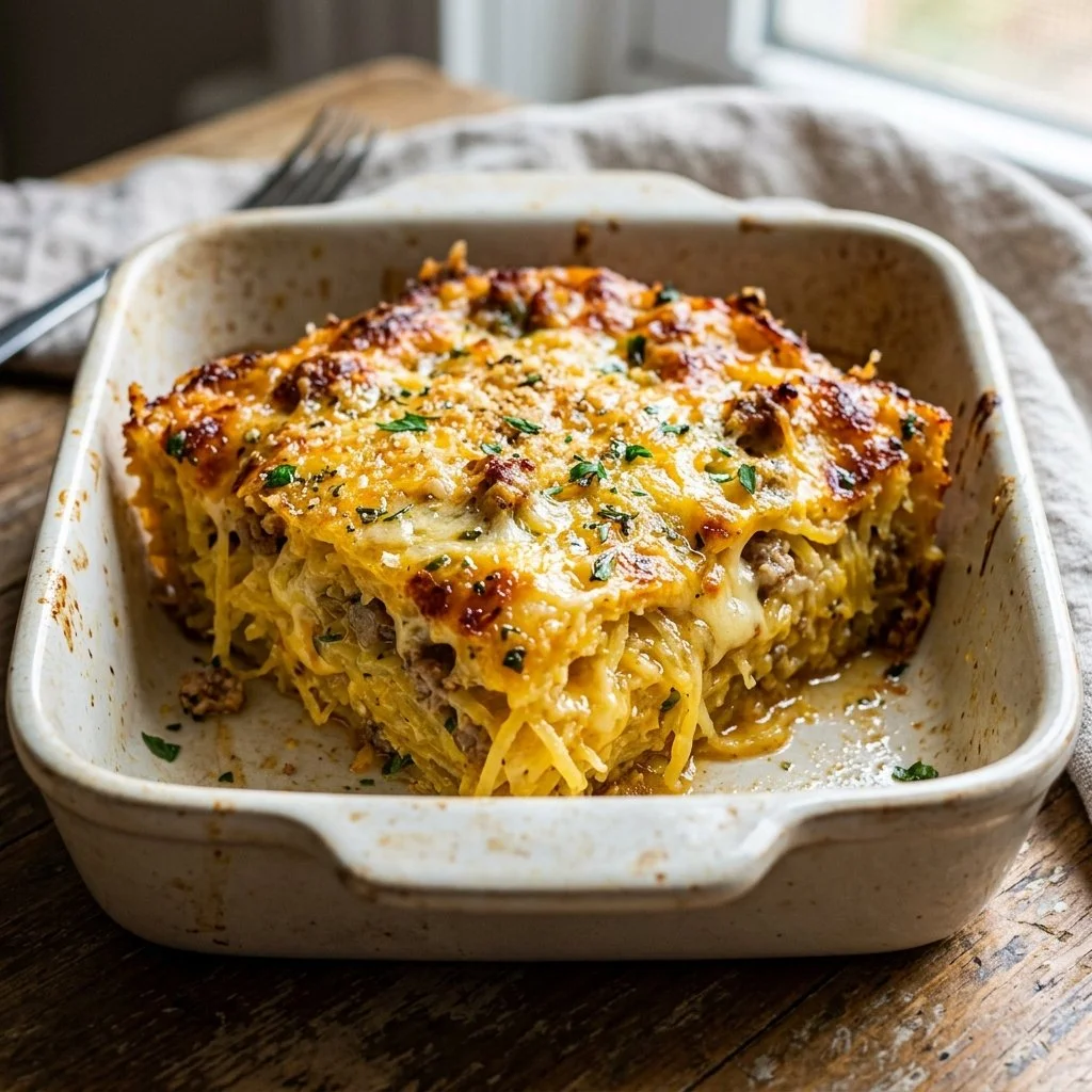 Spaghetti squash casserole topped with melted cheese and fresh herbs