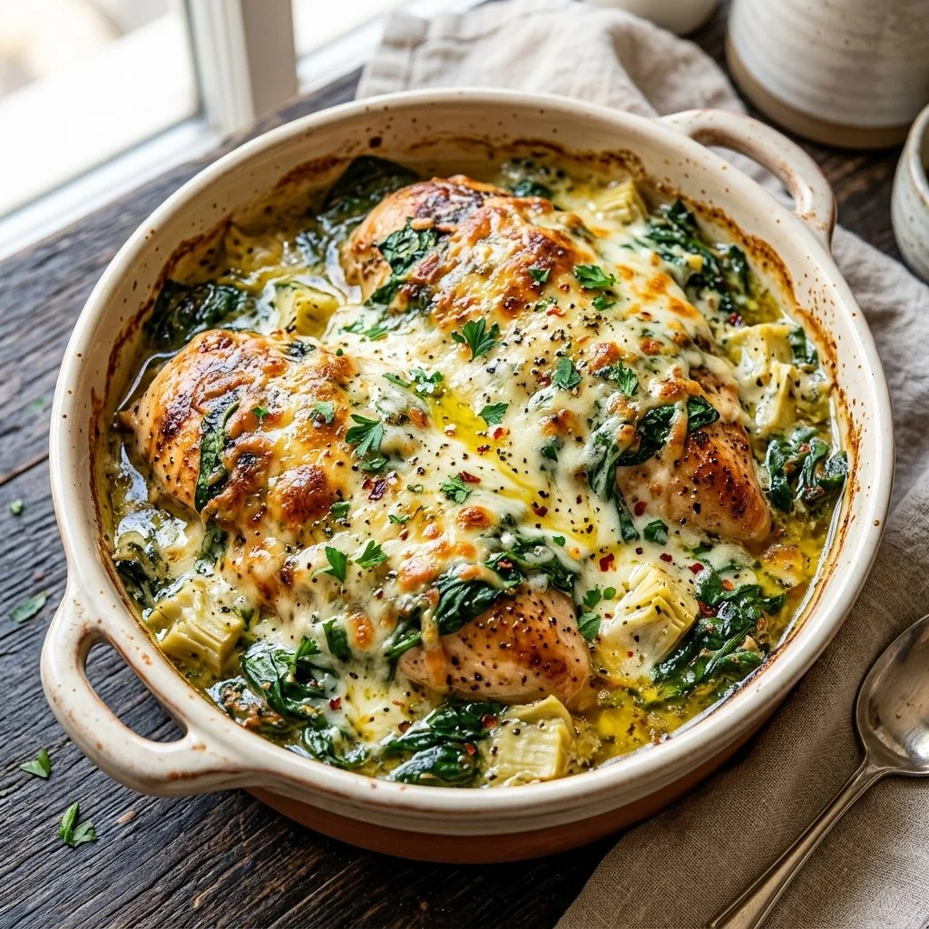 Creamy Spinach Artichoke Chicken dish served on a plate