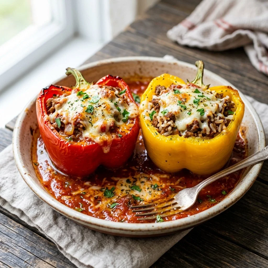 A colorful platter of stuffed bell peppers filled with rice and vegetables