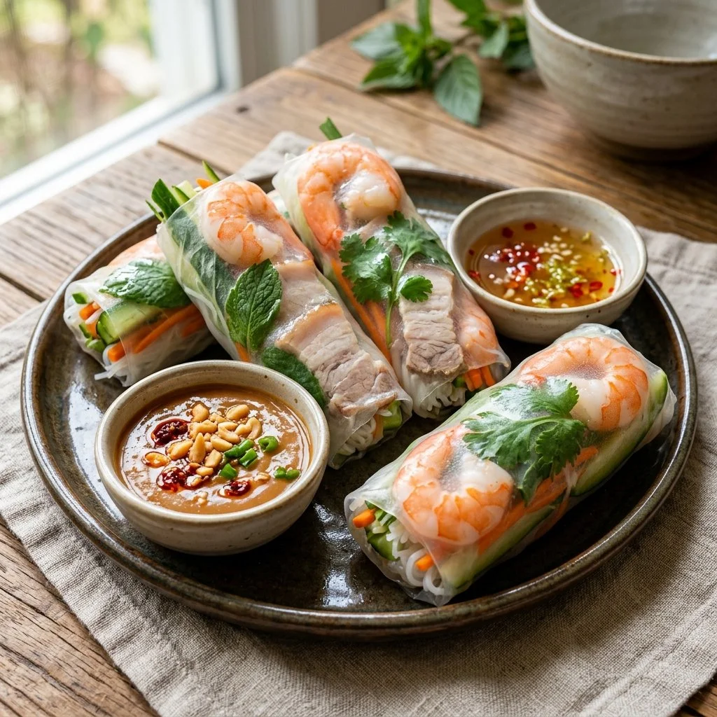 Delicious homemade summer rolls filled with fresh vegetables and herbs