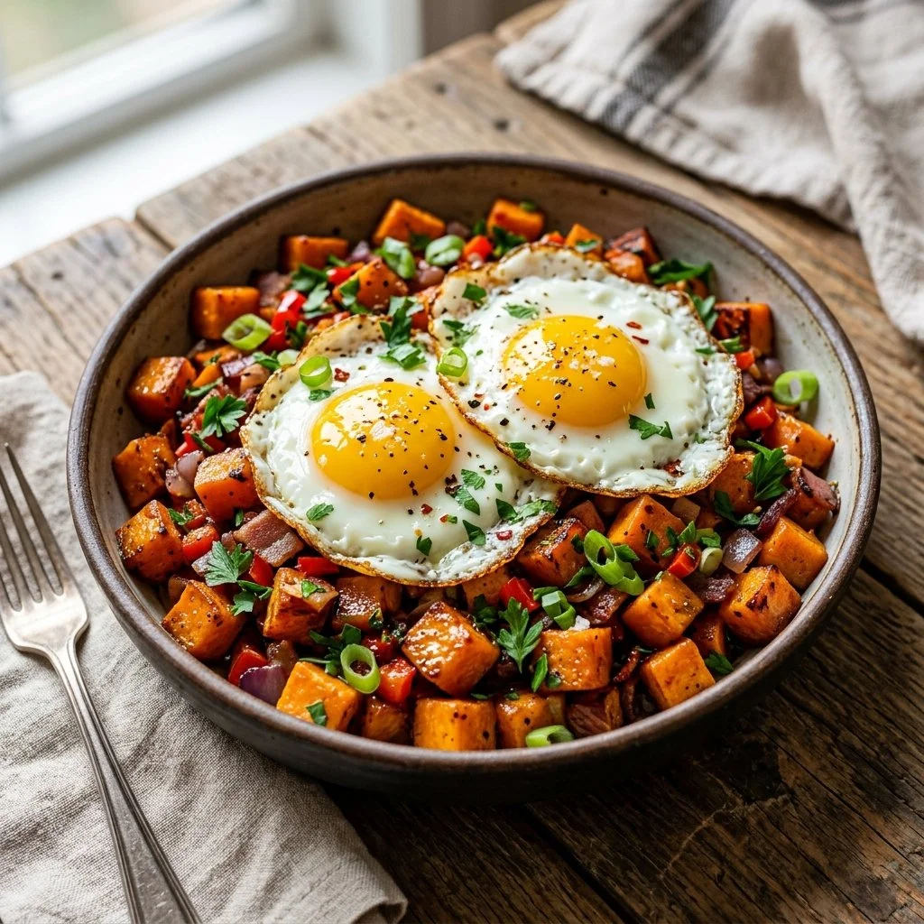 Healthy Sweet Potato Hash with vegetables and herbs in a skillet