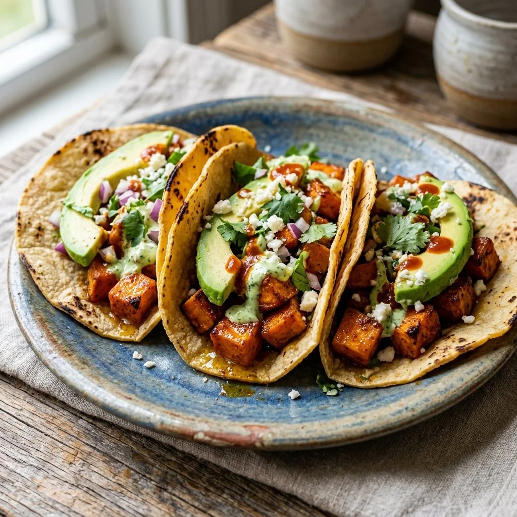 Delicious sweet potato tacos topped with fresh ingredients and garnished.
