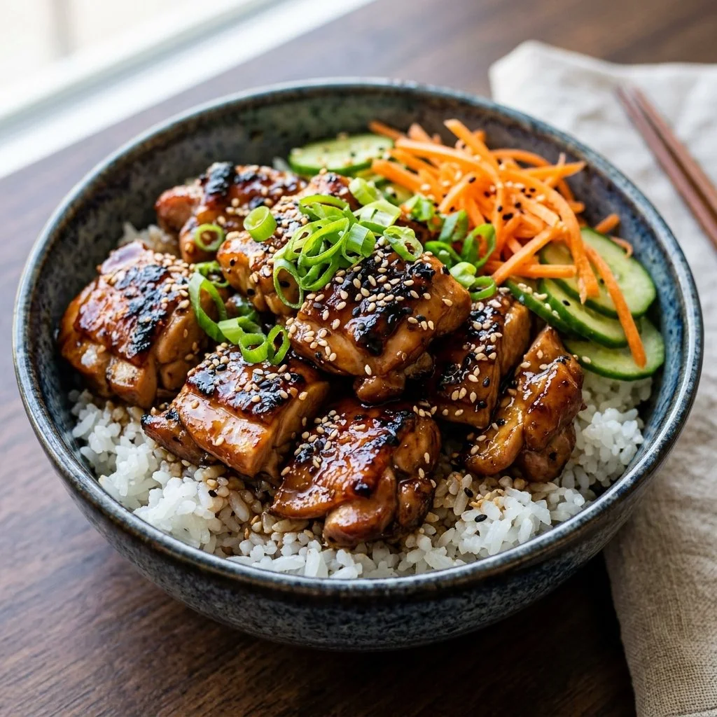 Delicious teriyaki chicken bowl with colorful vegetables and savory sauce.
