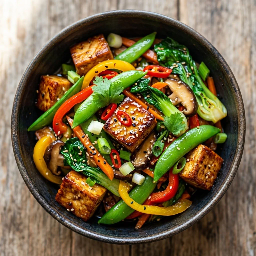 Colorful tofu stir fry with vegetables in a skillet
